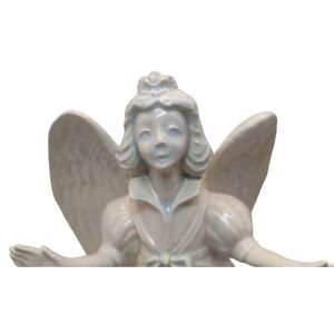 Vintage Ceramic Angel Statue Figurine Ivory Blue Dress‎ 1990s Handmade SEE